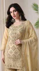 Beige Premium Silk Pearl, Bead, and Sequin Embroidered Sharara Suit- Set of 3