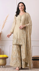 Beige Premium Silk Embroidered Sharara Suit- Set of 3