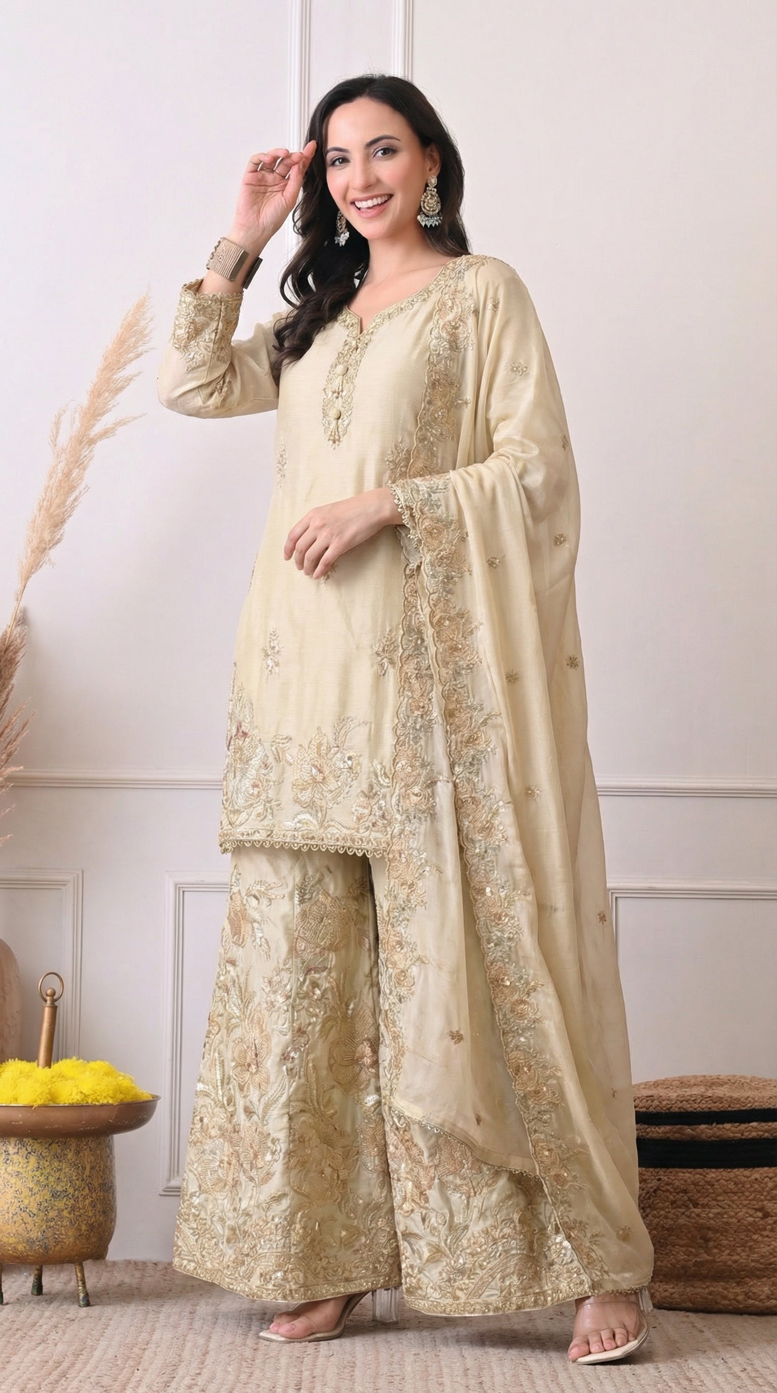 Beige Premium Silk Embroidered Sharara Suit- Set of 3