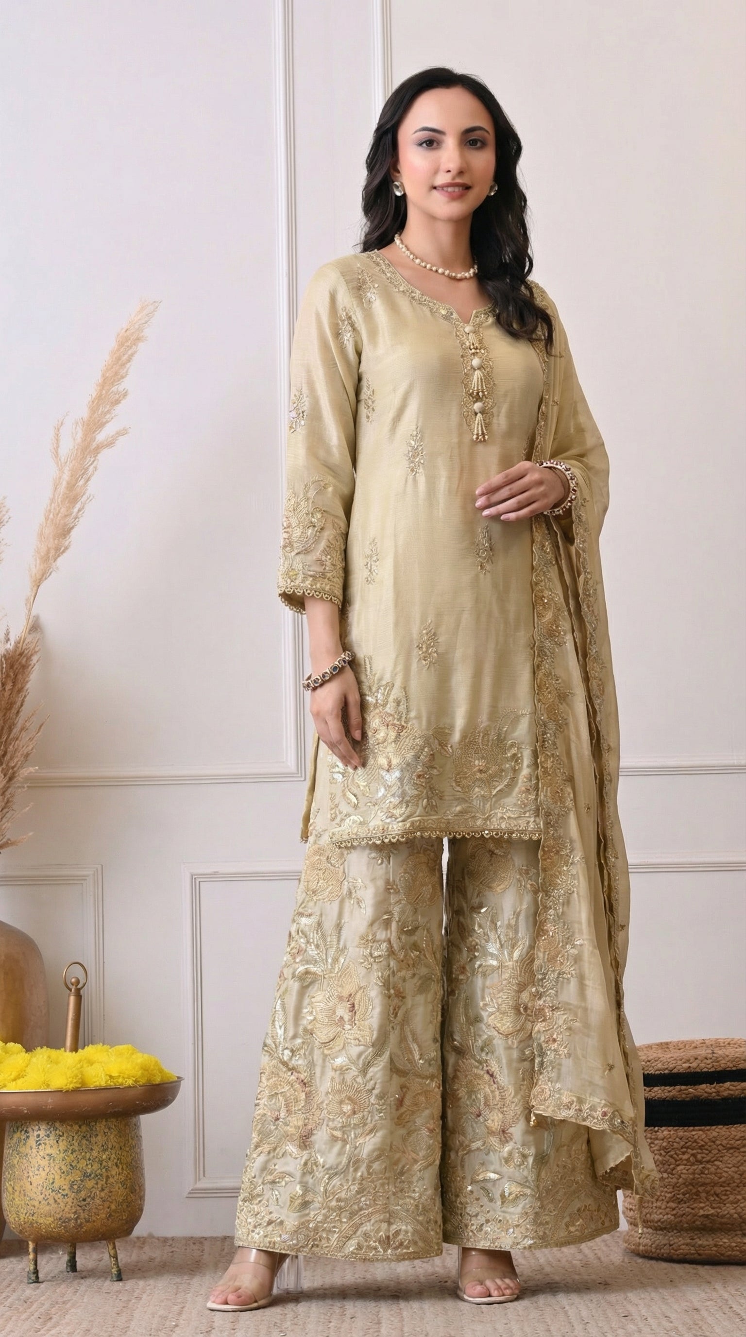 Beige Premium Silk Embroidered Sharara Suit- Set of 3
