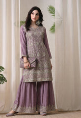 Lavender Silk Zari & Thread Embroidered Sharara Suit- Set of 3