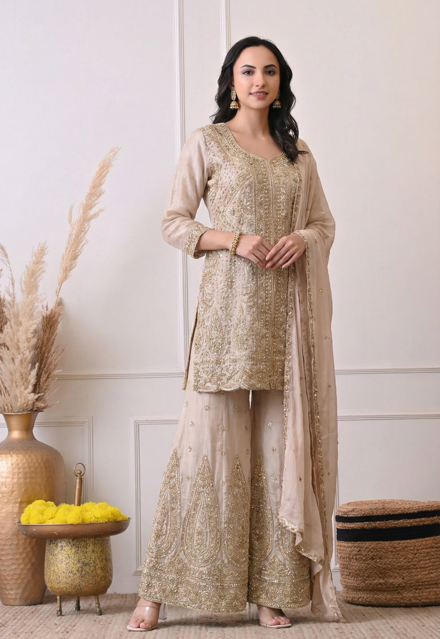 Lilac Premium Silk Luxurious Embroidered Sharara Suit- Set of 3