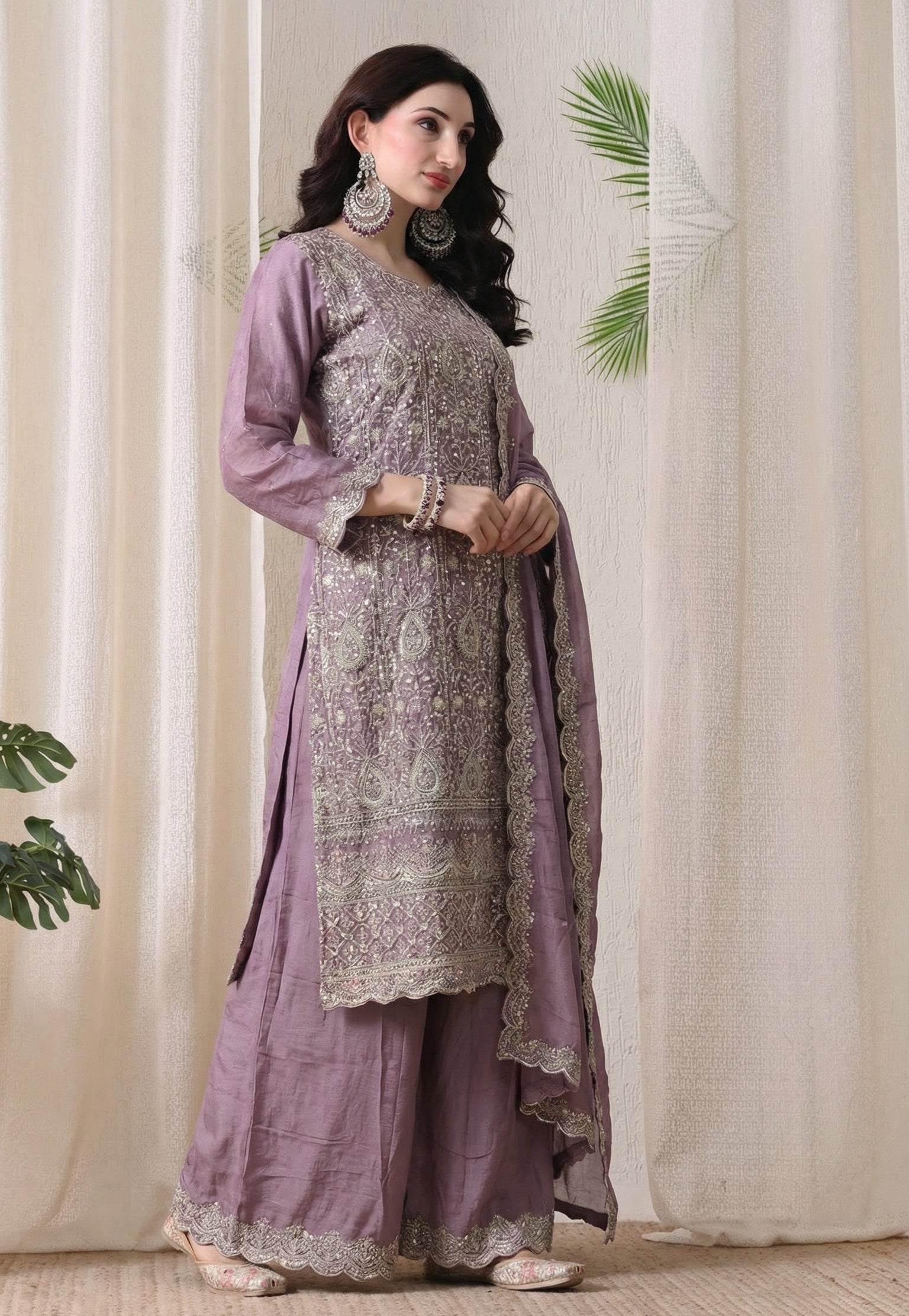 Lavender Silk Zari & Thread Embroidered Sharara Suit- Set of 3