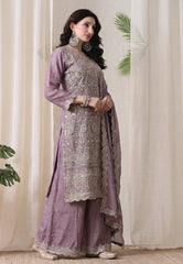 Lavender Silk Zari & Thread Embroidered Sharara Suit- Set of 3
