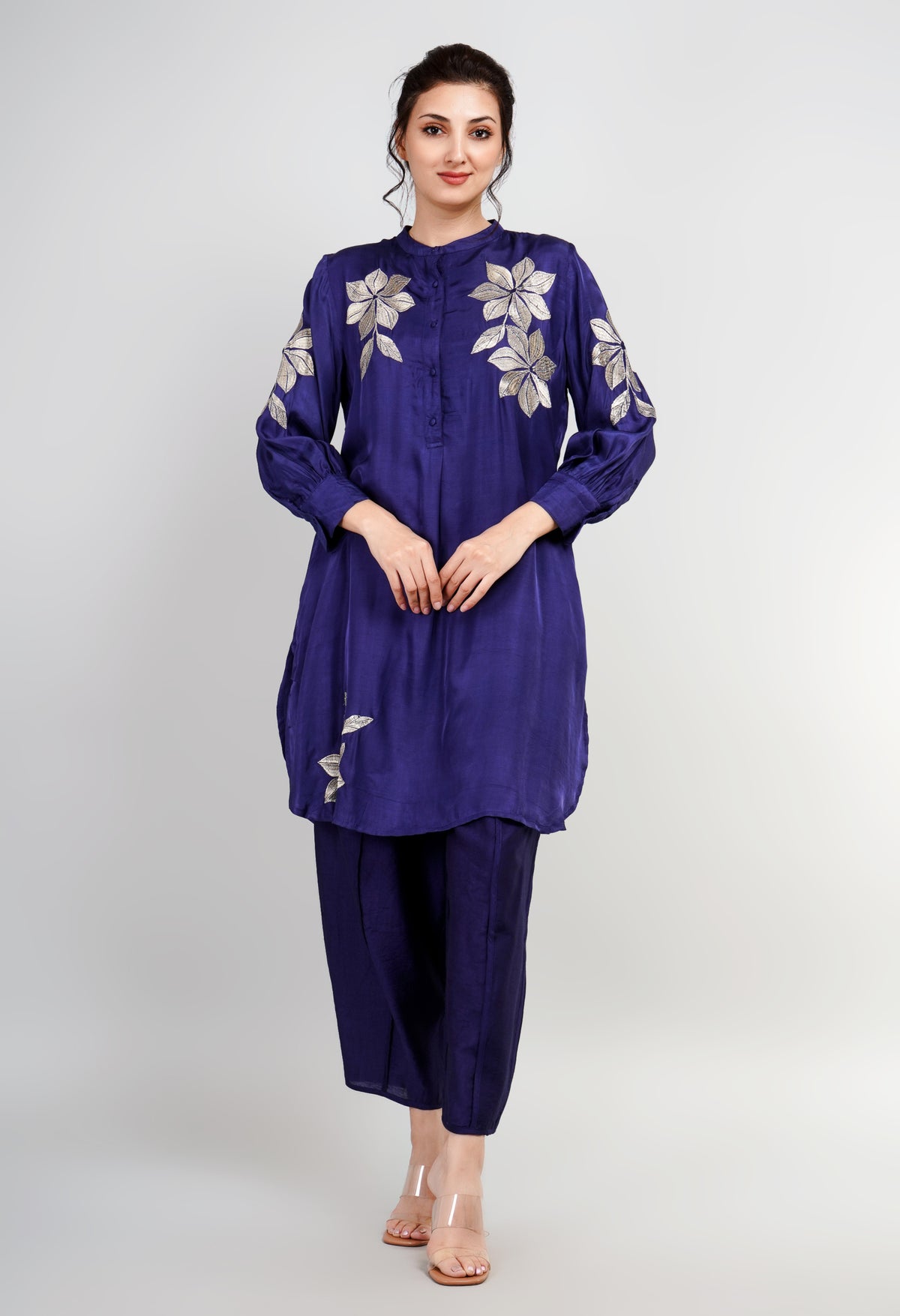 Blue Cotton Silk Zari Embroidered Indo-Western Set- Set of 2