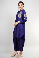 Blue Cotton Silk Zari Embroidered Indo-Western Set- Set of 2