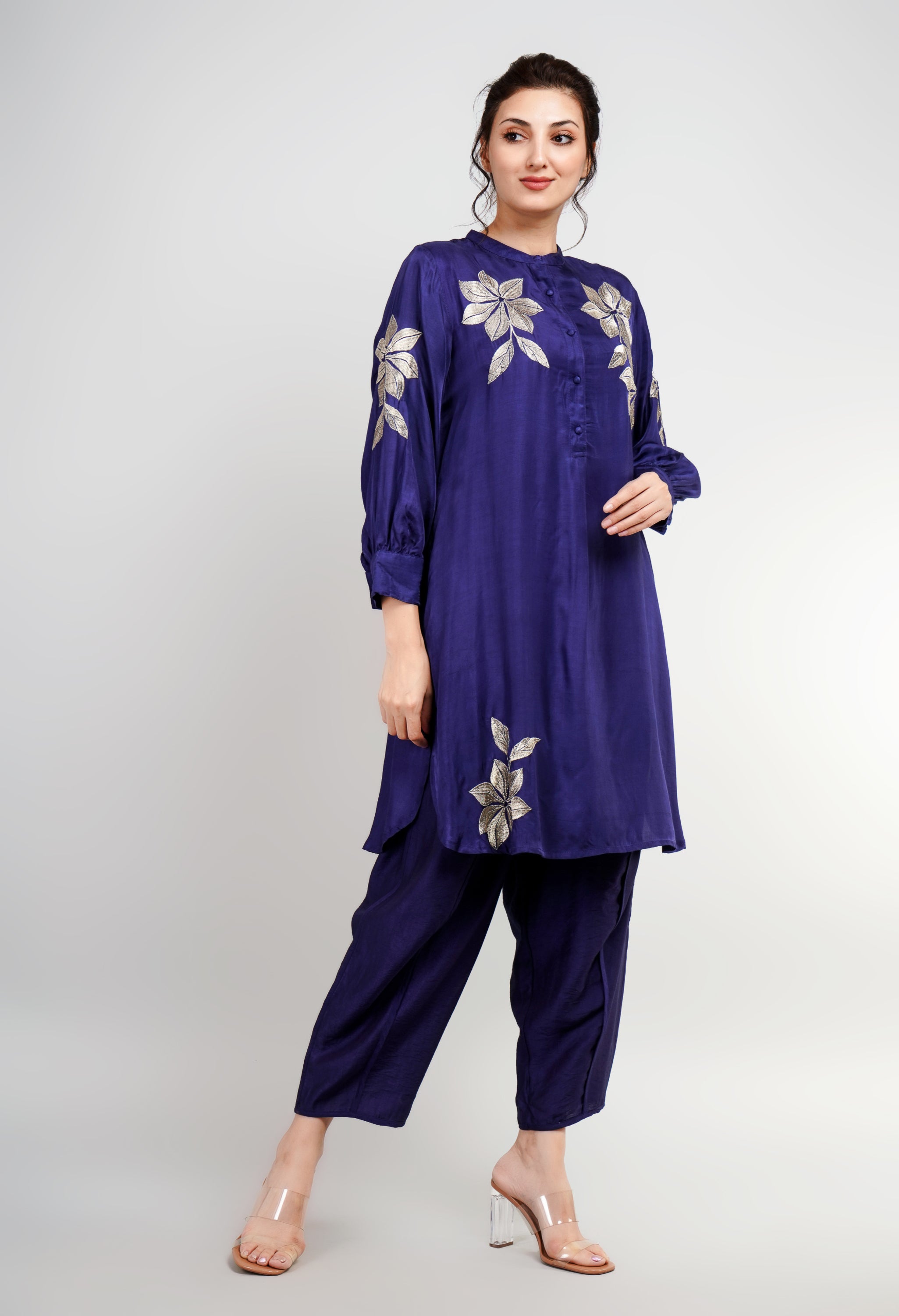 Blue Cotton Silk Zari Embroidered Indo-Western Set- Set of 2
