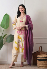 Premium Cotton Beige Hand Painted Embroidered A-Line Kurta Set- Set of 3