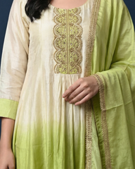 Cream & Lime Green Ombré Silk Zari Embroidered Suit- Set of 3