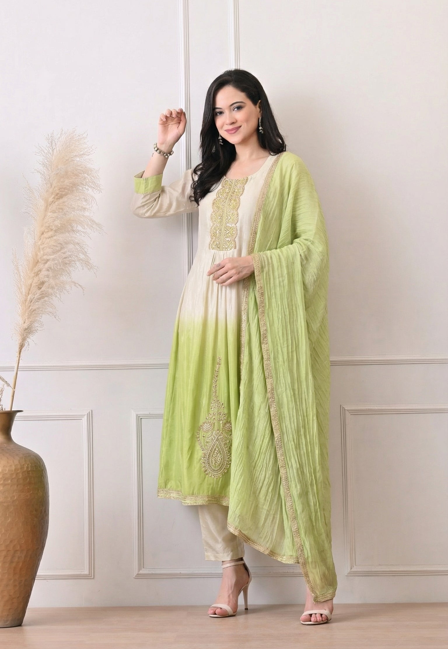 Cream & Lime Green Ombré Silk Zari Embroidered Suit- Set of 3