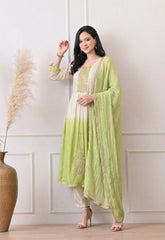 Cream & Lime Green Ombré Silk Zari Embroidered Suit- Set of 3