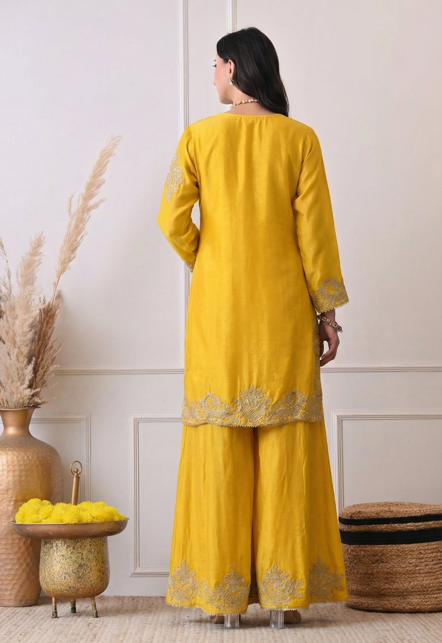 Yellow Silk Zari Embroidery Sharara Suit- Set of 3
