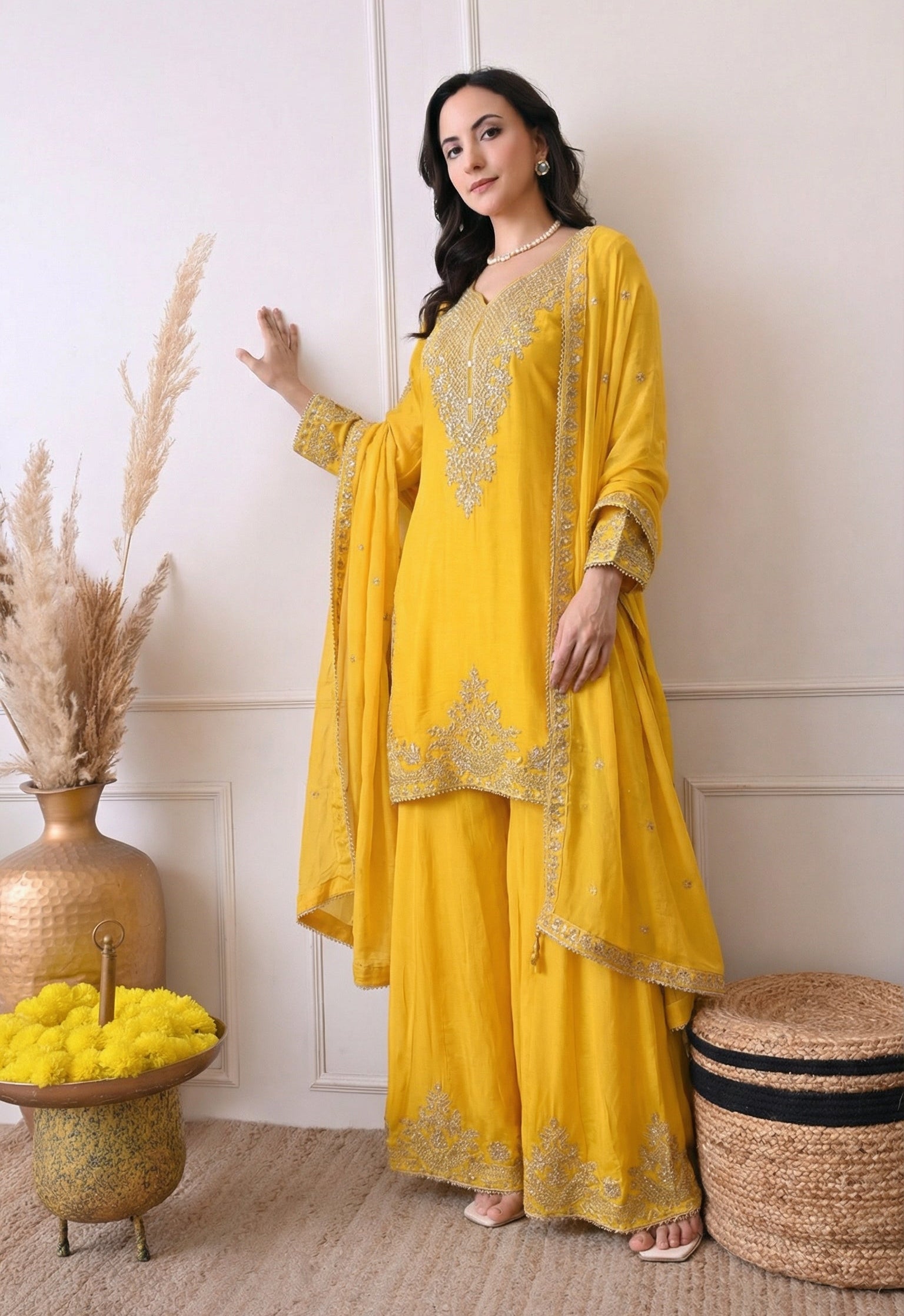 Yellow Silk Zari Embroidery Sharara Suit- Set of 3