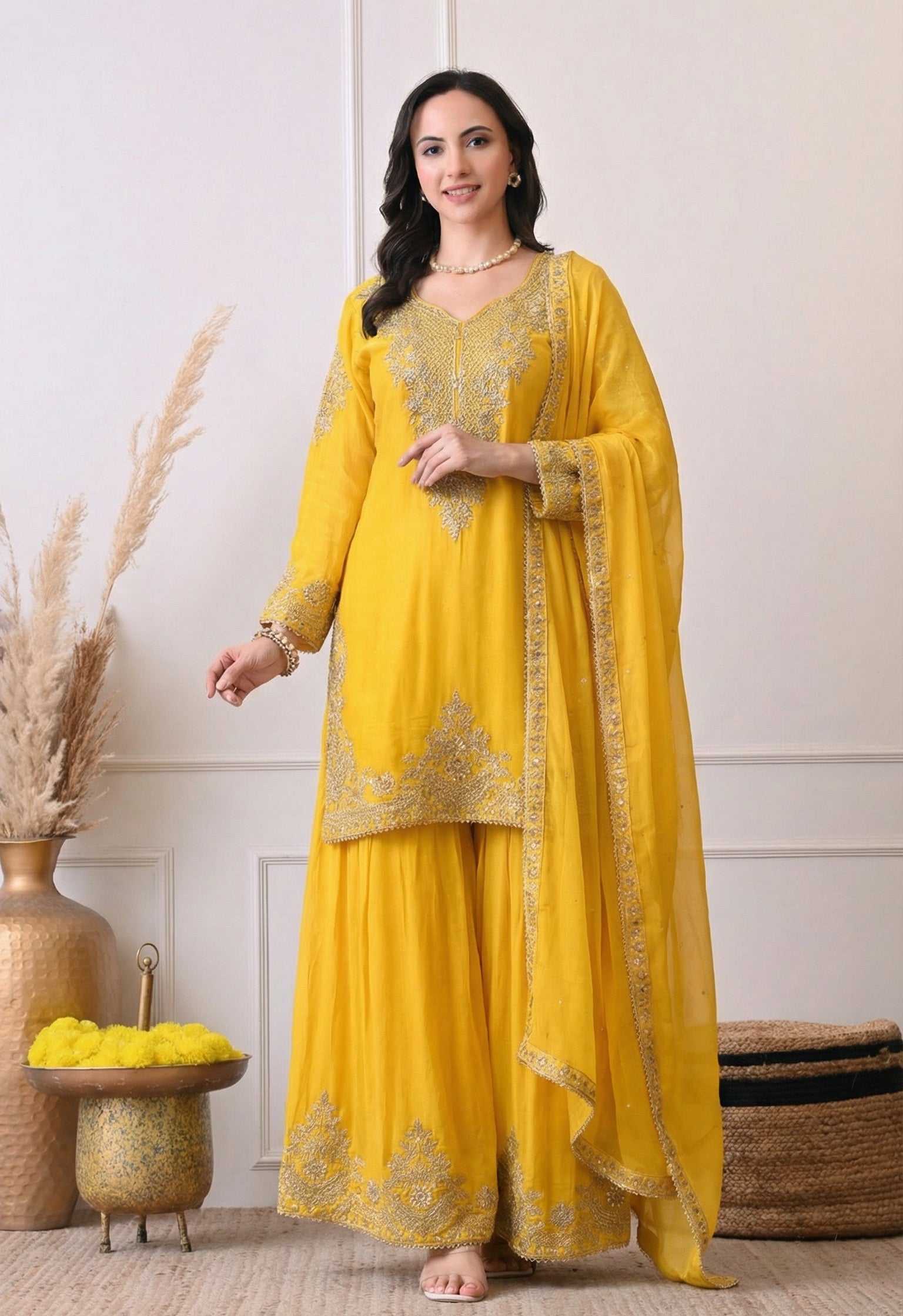 Yellow Silk Zari Embroidery Sharara Suit- Set of 3