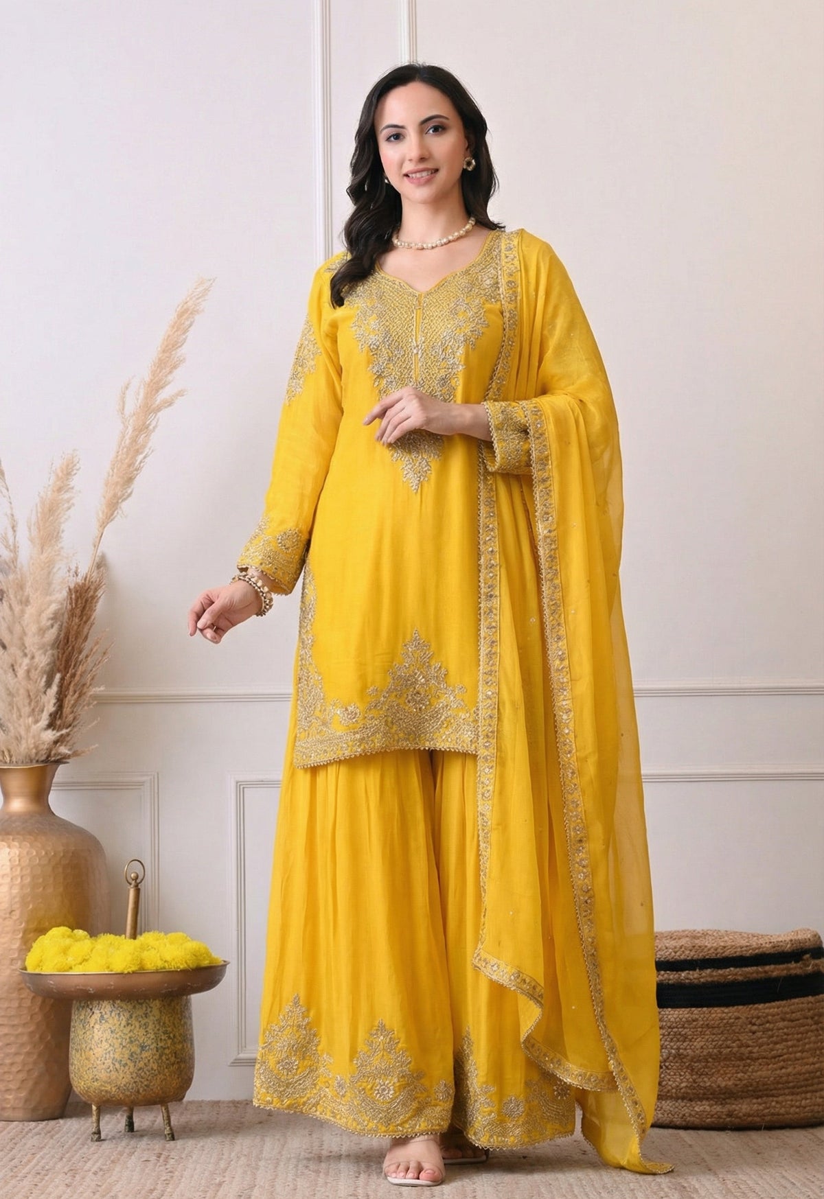 Yellow Silk Zari Embroidery Sharara Suit- Set of 3