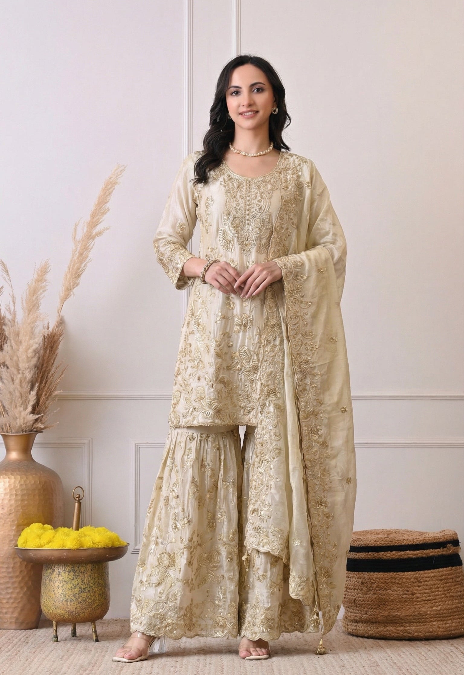 Champagne Beige Premium Silk Embroidered Sharara Suit- Set of 3