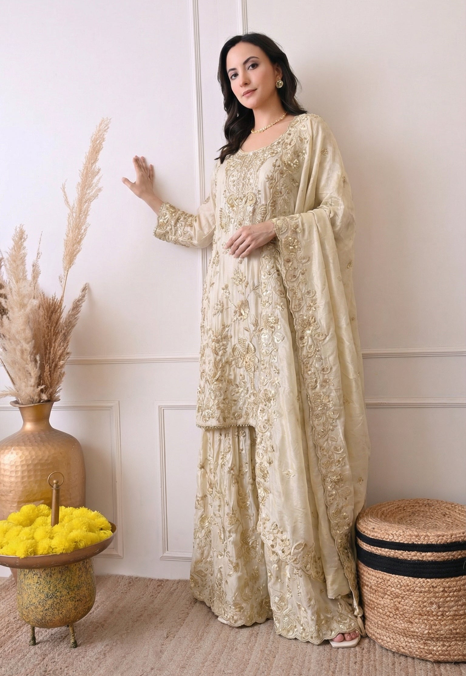 Champagne Beige Premium Silk Embroidered Sharara Suit- Set of 3