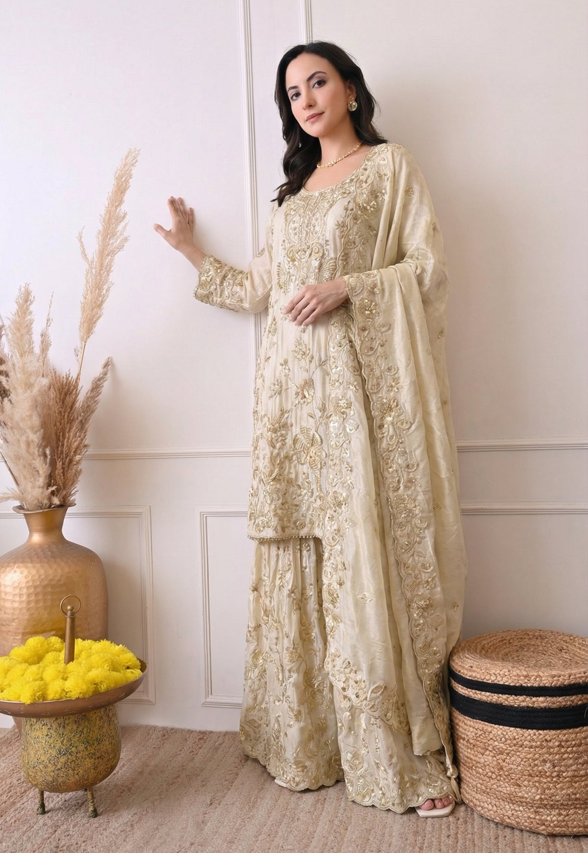 Champagne Beige Premium Silk Embroidered Sharara Suit- Set of 3