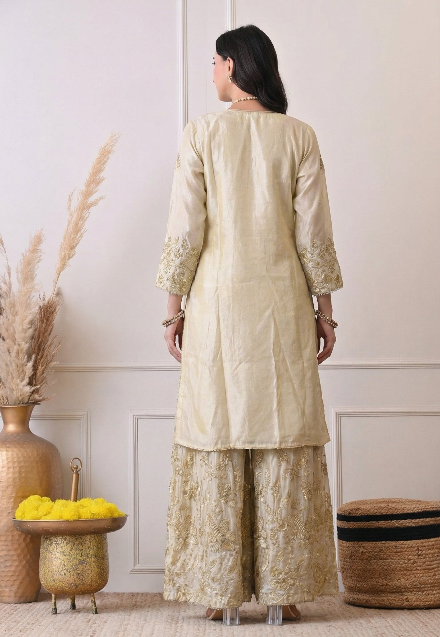 Champagne Beige Premium Silk Embroidered Sharara Suit- Set of 3