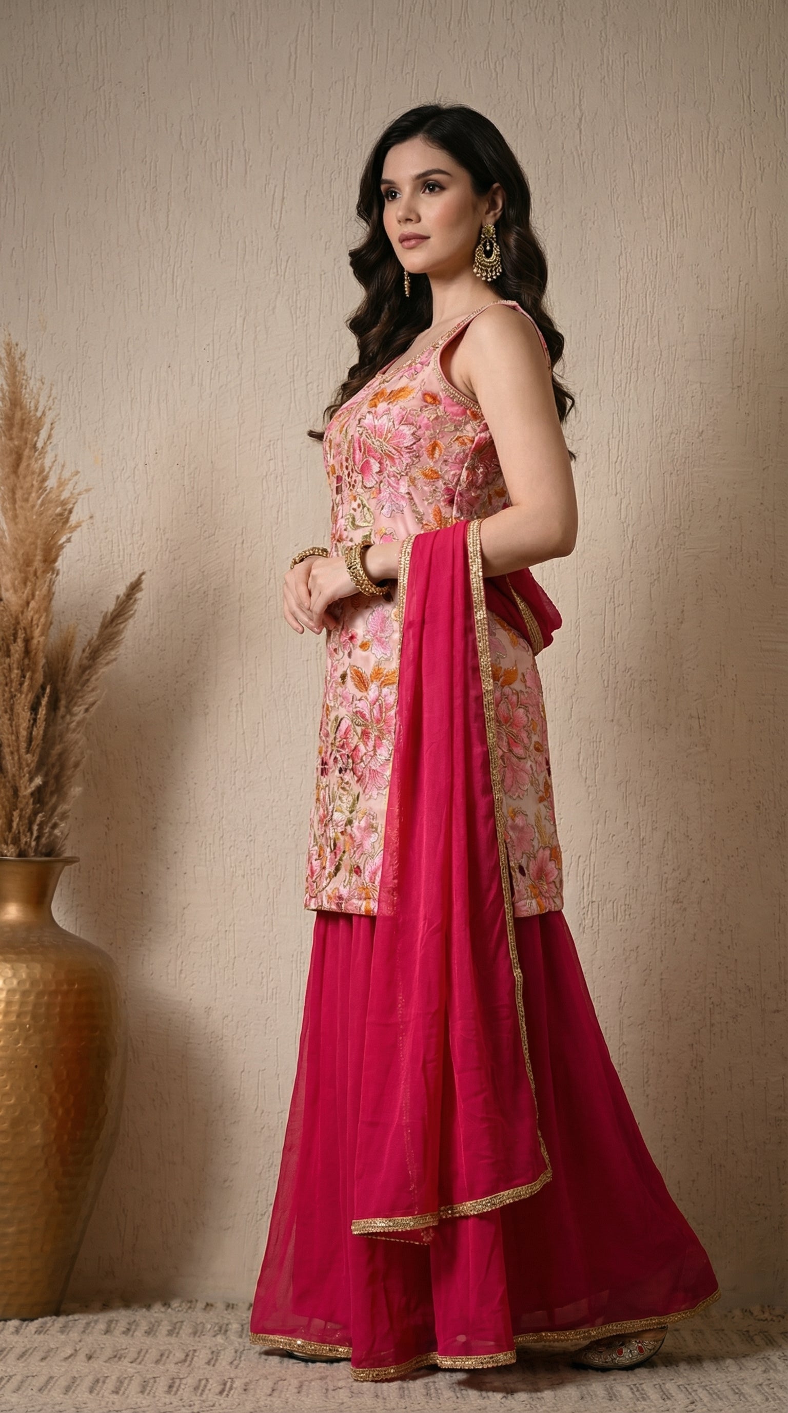 Cream And Pink Position Print Embroidered Sharara Suit- Set of 3 (Sleeves Fabric Included)