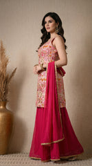 Cream And Pink Position Print Embroidered Sharara Suit- Set of 3 (Sleeves Fabric Included)