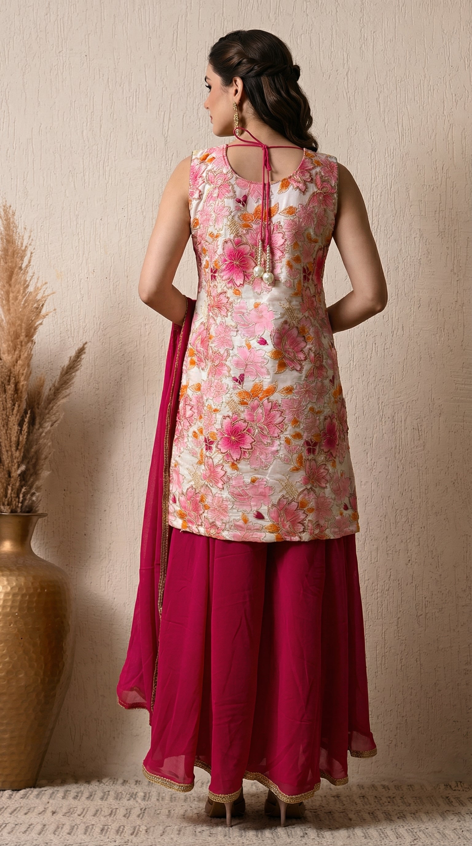 Cream And Pink Position Print Embroidered Sharara Suit- Set of 3 (Sleeves Fabric Included)