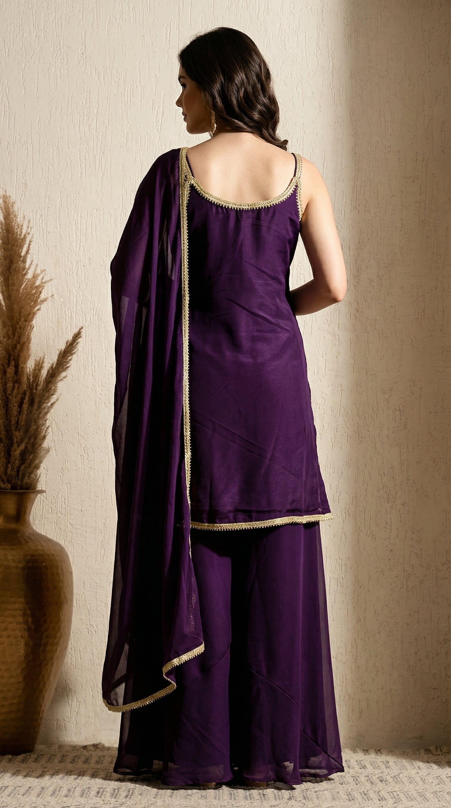 Purple Sequin Zari Embroidered Georgette Sharara Suit- Set of 3 (Sleeves Fabric Included)