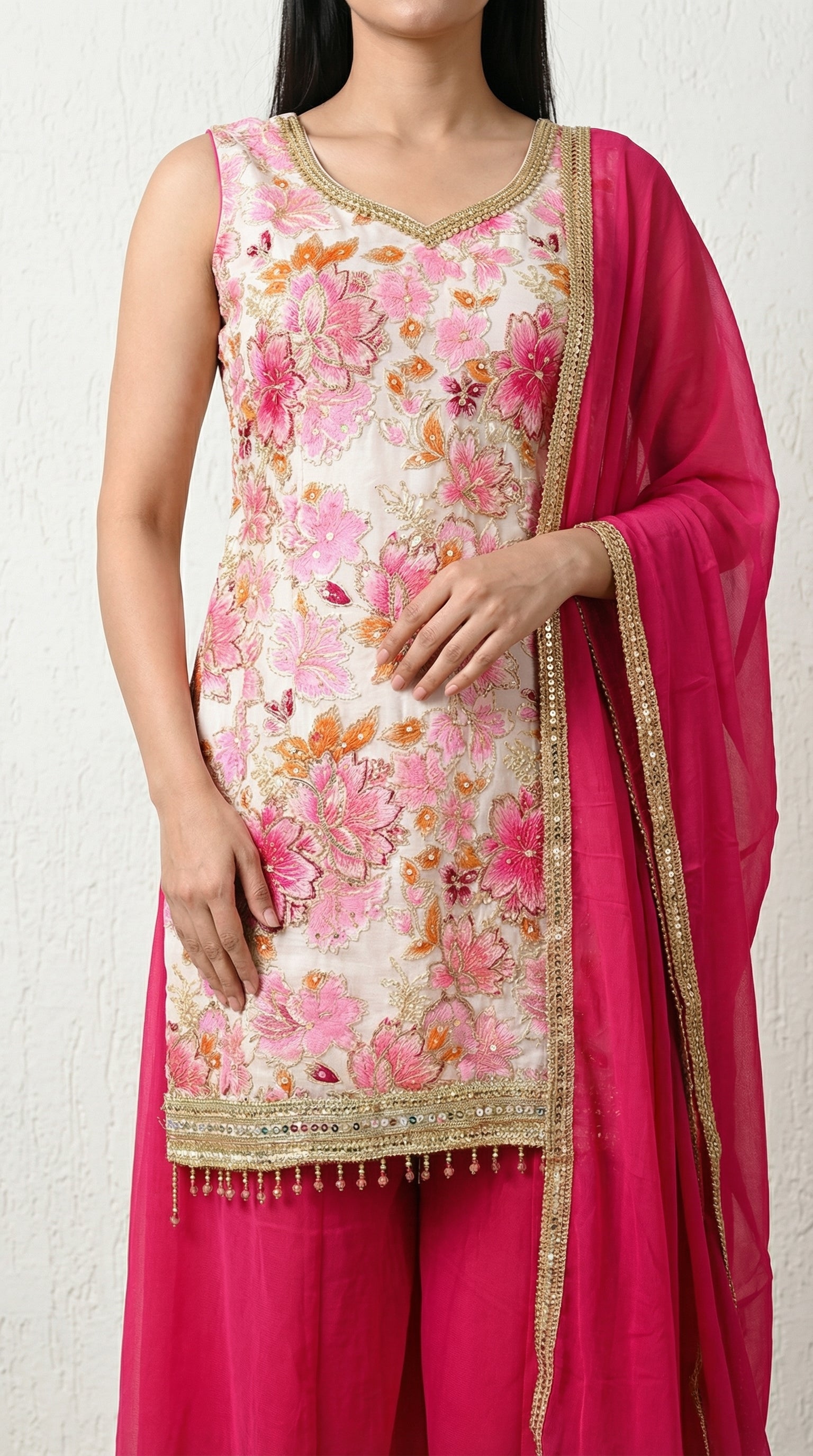 Cream And Pink Position Print Embroidered Sharara Suit- Set of 3 (Sleeves Fabric Included)