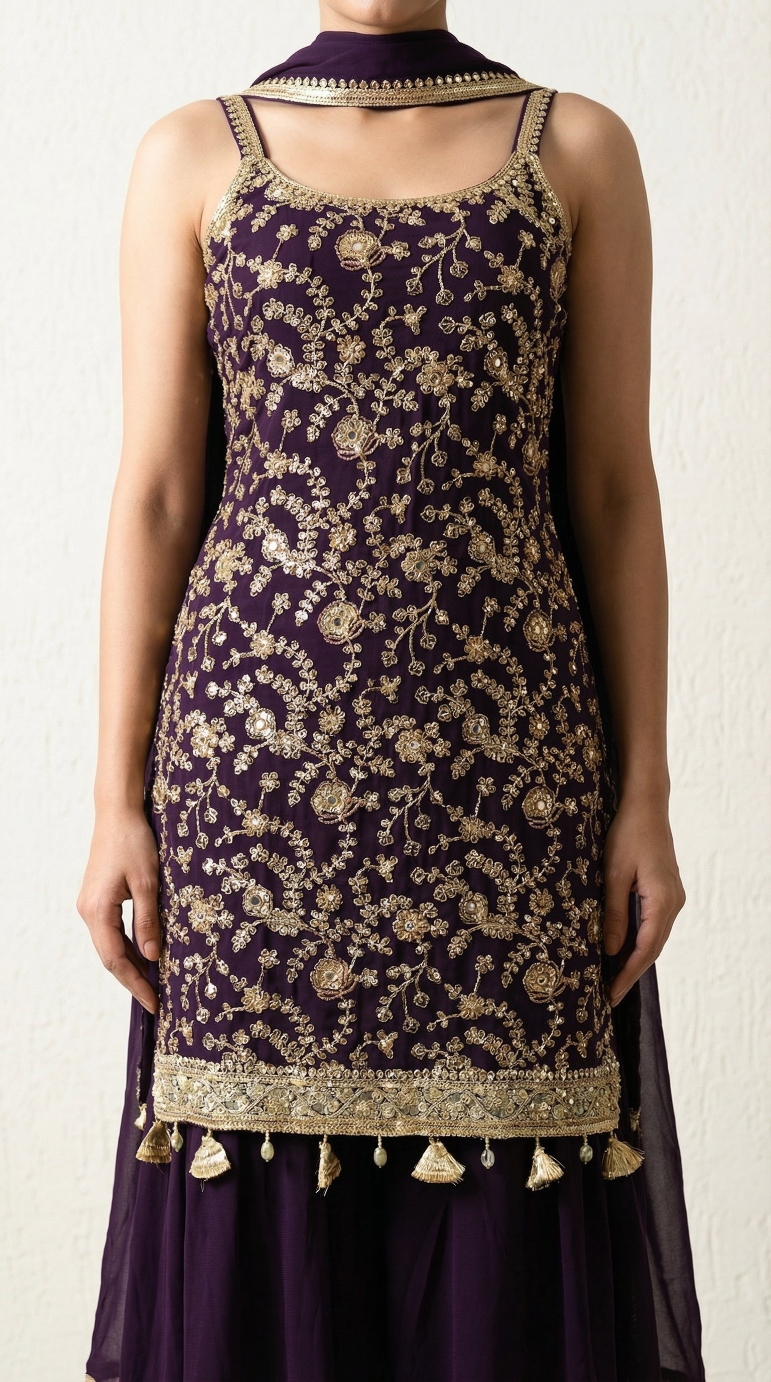 Purple Sequin Zari Embroidered Georgette Sharara Suit- Set of 3 (Sleeves Fabric Included)