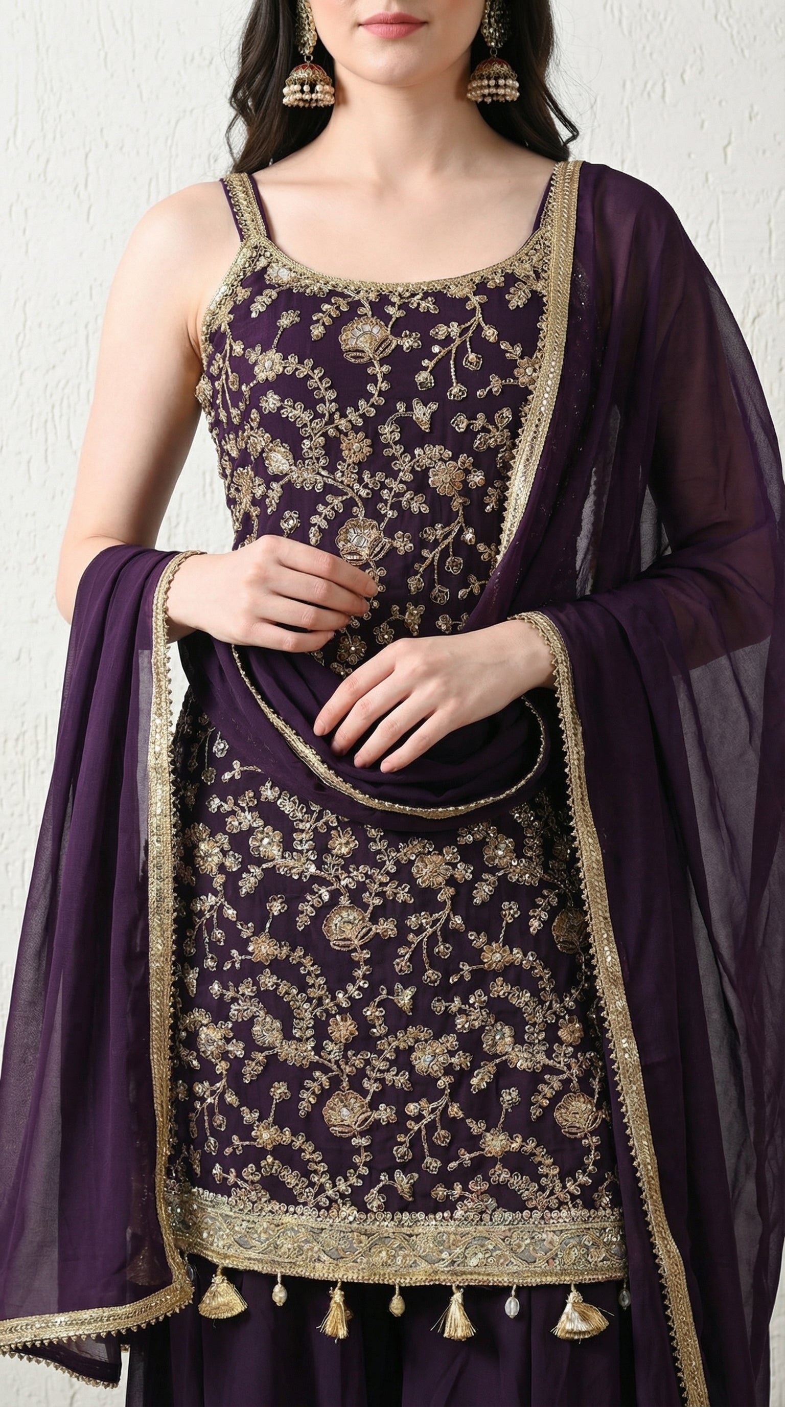 Purple Sequin Zari Embroidered Georgette Sharara Suit- Set of 3 (Sleeves Fabric Included)