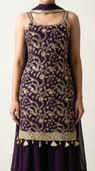 Purple Sequin Zari Embroidered Georgette Sharara Suit- Set of 3 (Sleeves Fabric Included)