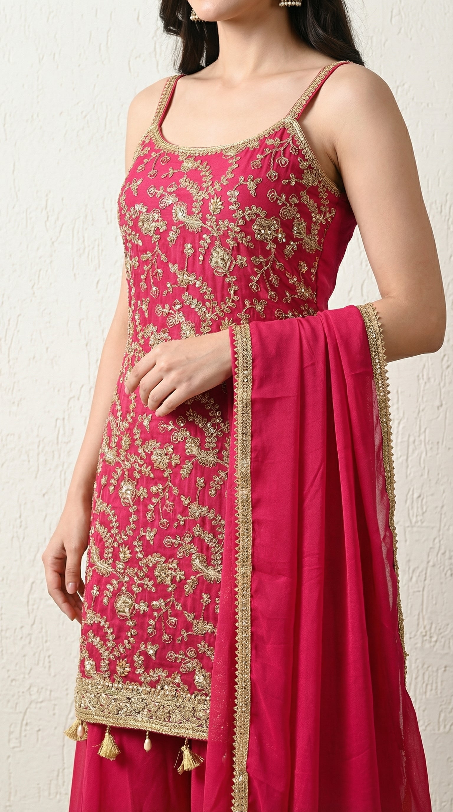 Magenta Sequin Zari Embroidered Georgette Sharara Suit- Set of 3 (Sleeves Fabric Included)