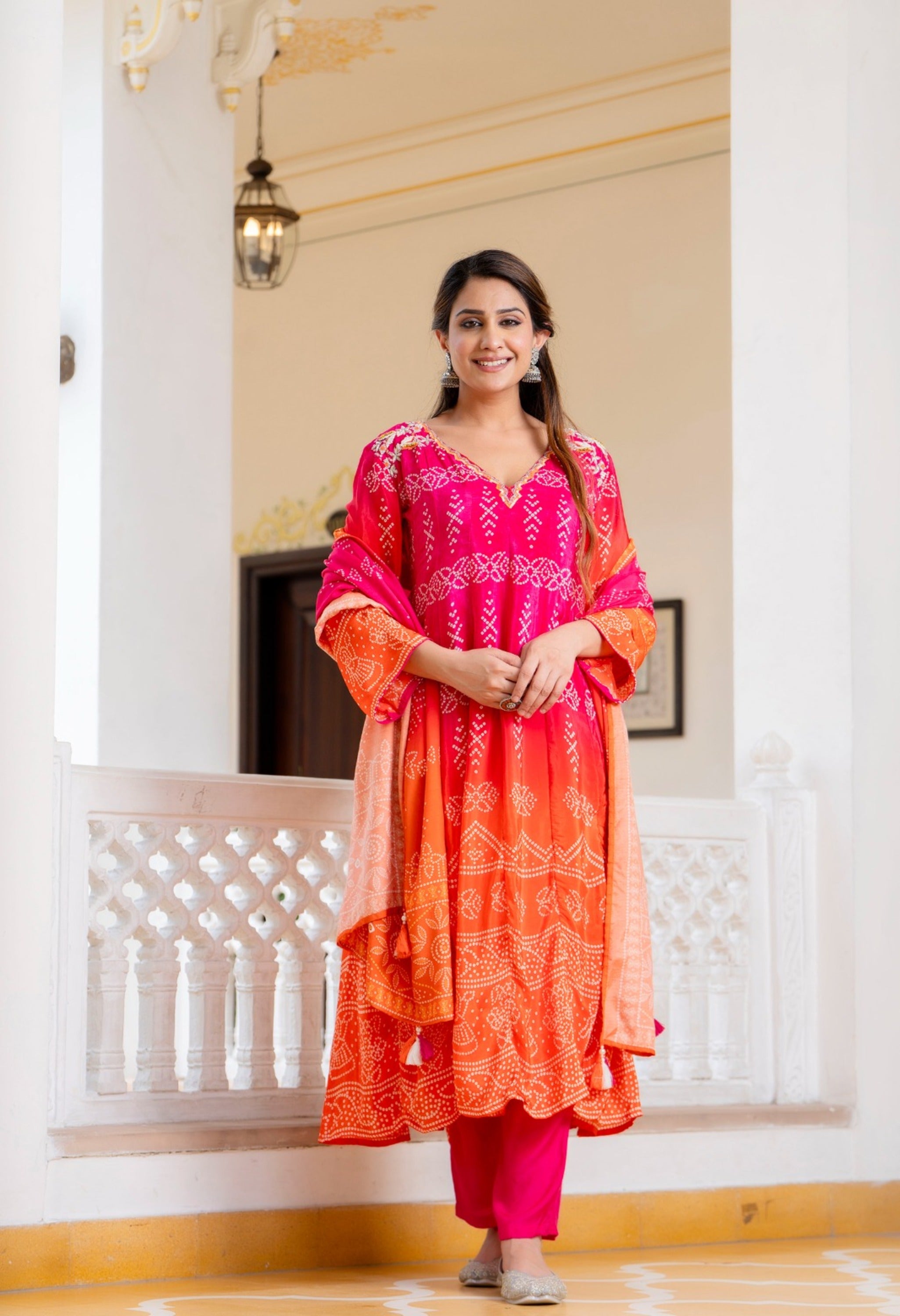 Pink Orange Ombre Crepe Embroidered Anarkali Suit - Set of 3