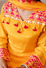 Yellow Crepe Bandhani Print with Mirror Work Suit -Set of 3