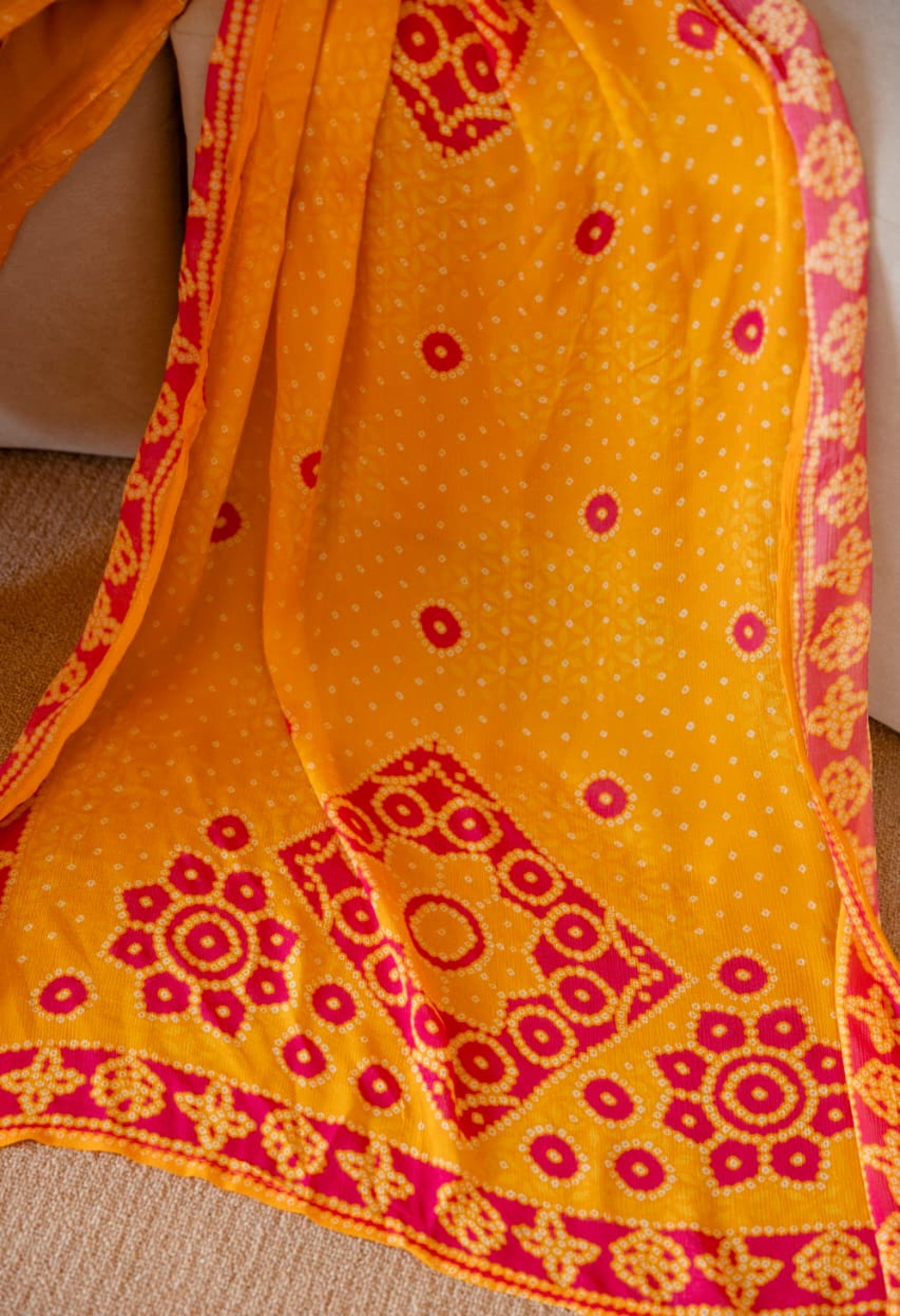 Yellow Crepe Bandhani Print with Mirror Work Suit -Set of 3