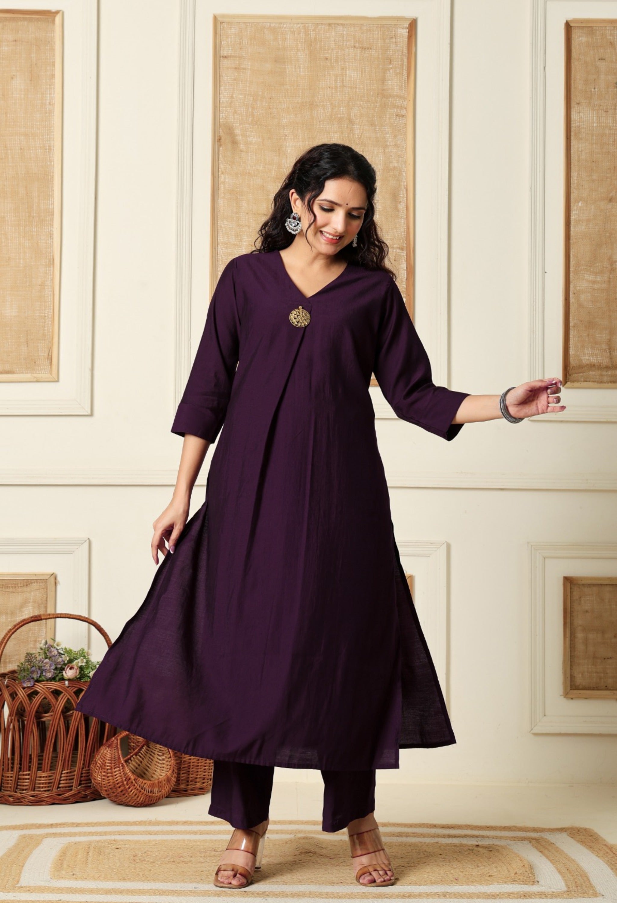 Wine Vertical Silk A-Line Kurta With Pants- Set of 2