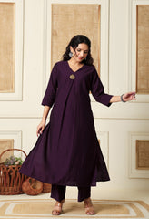Wine Vertical Silk A-Line Kurta With Pants- Set of 2