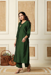 Green Vertical Silk A-Line Kurta With Pants- Set of 2