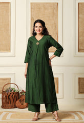Green Vertical Silk A-Line Kurta With Pants- Set of 2