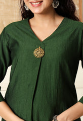 Green Vertical Silk A-Line Kurta With Pants- Set of 2