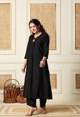 Black Vertical Silk A-Line Kurta With Pants- Set of 2