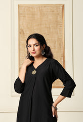 Black Vertical Silk A-Line Kurta With Pants- Set of 2