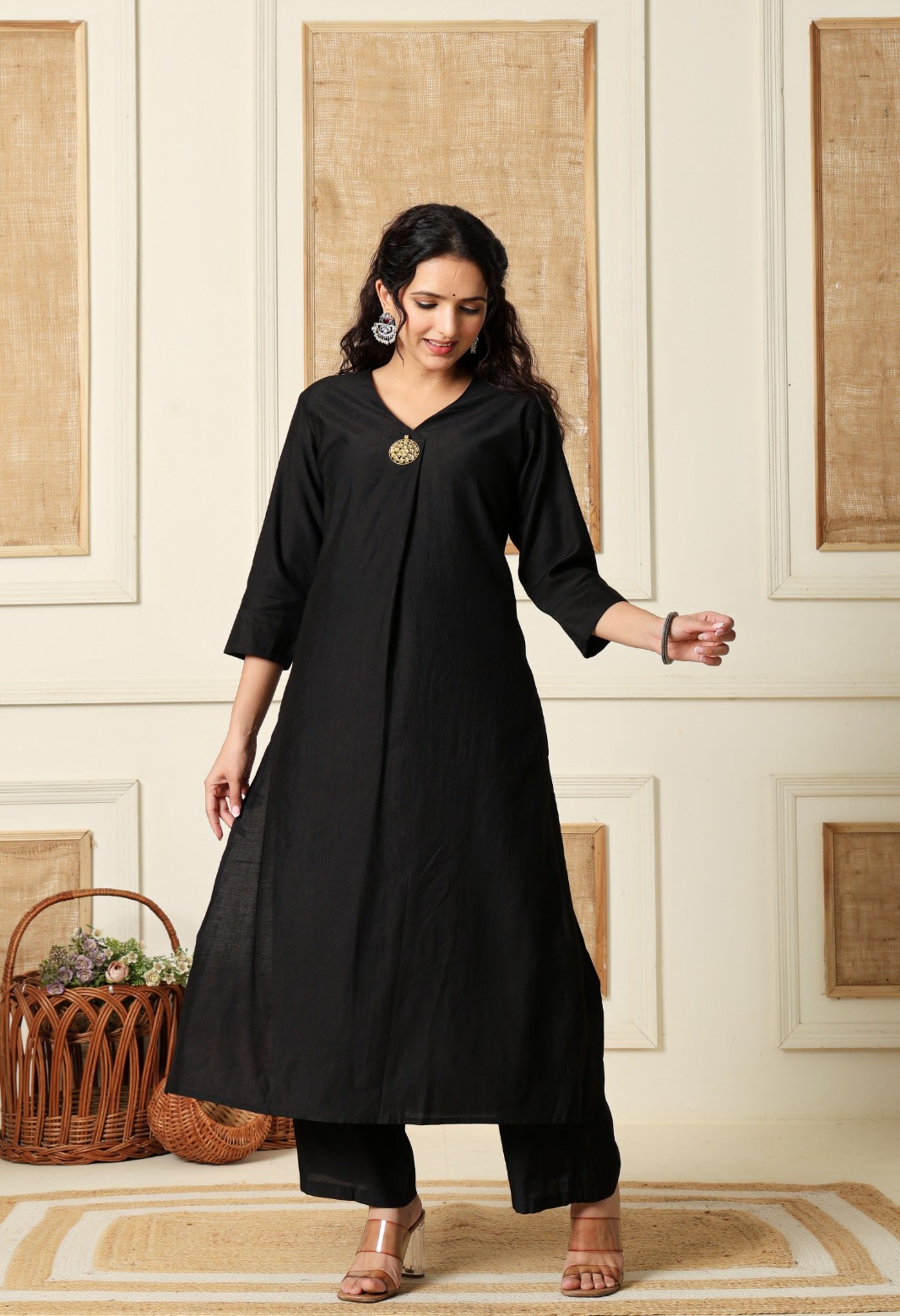 Black Vertical Silk A-Line Kurta With Pants- Set of 2