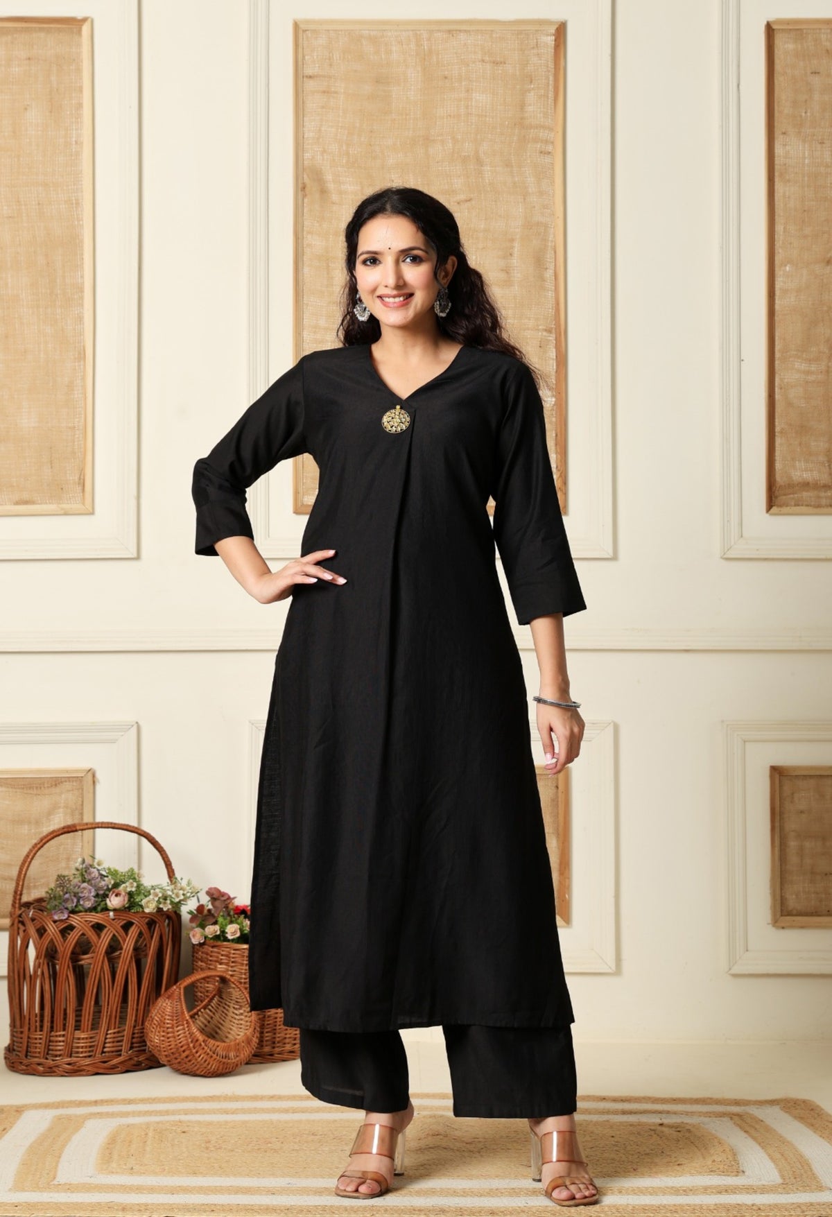 Black Vertical Silk A-Line Kurta With Pants- Set of 2