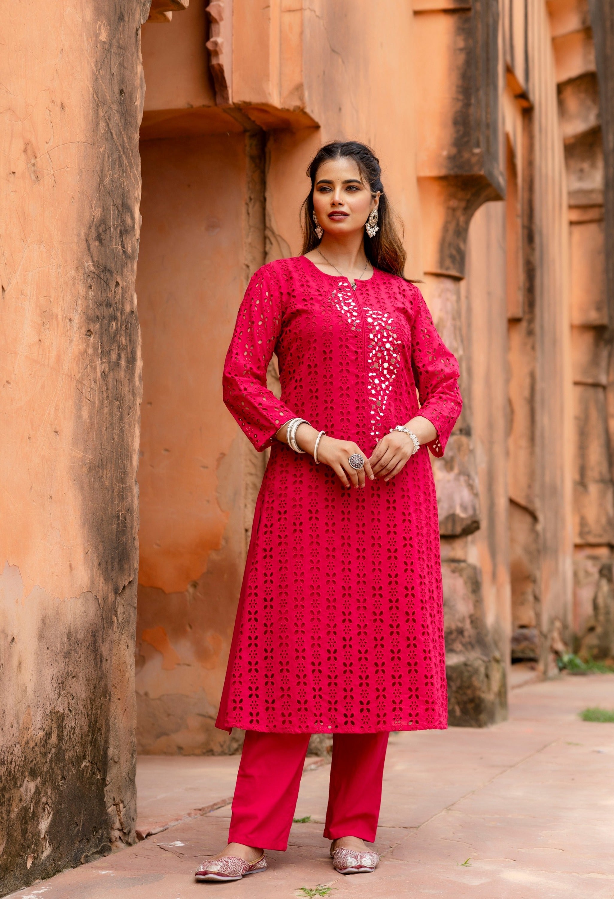 Magenta Cotton Schiffli Work A-Line Kurta Set With Real Mirror Work-Set of 2