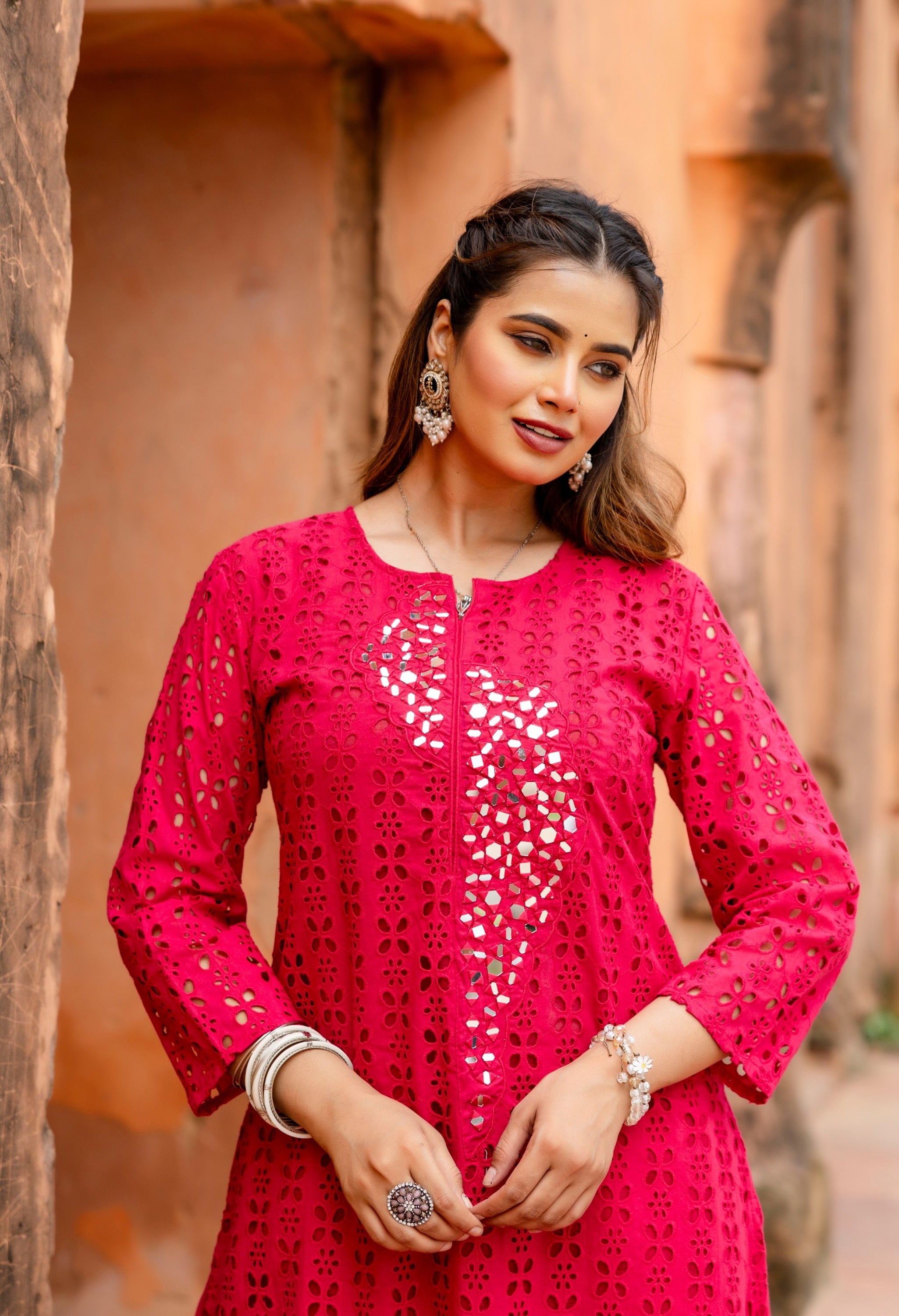 Magenta Cotton Schiffli Work A-Line Kurta Set With Real Mirror Work-Set of 2