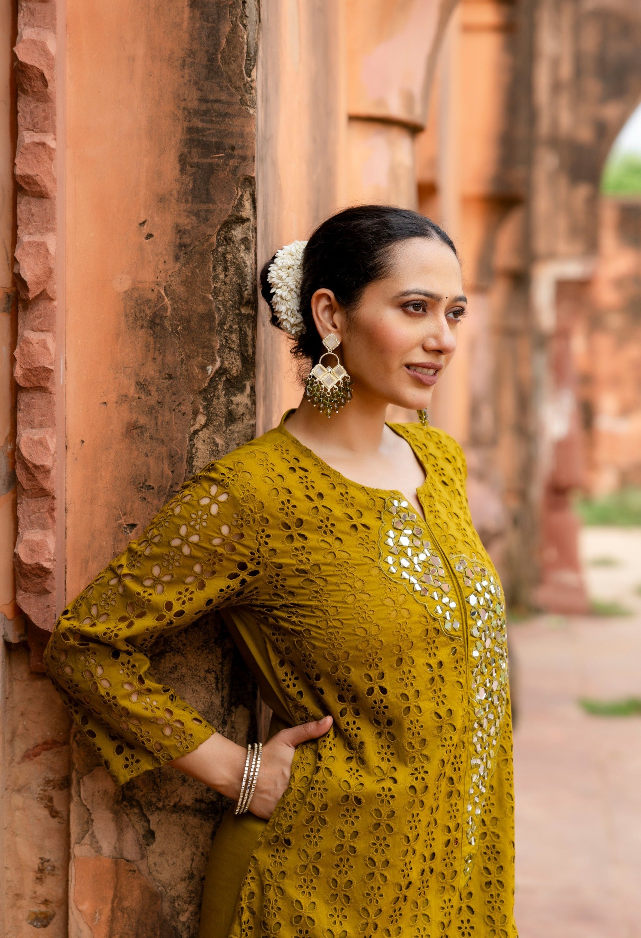 Green Cotton Schiffli Work A-Line Kurta Set With Real Mirror Work-Set of 2
