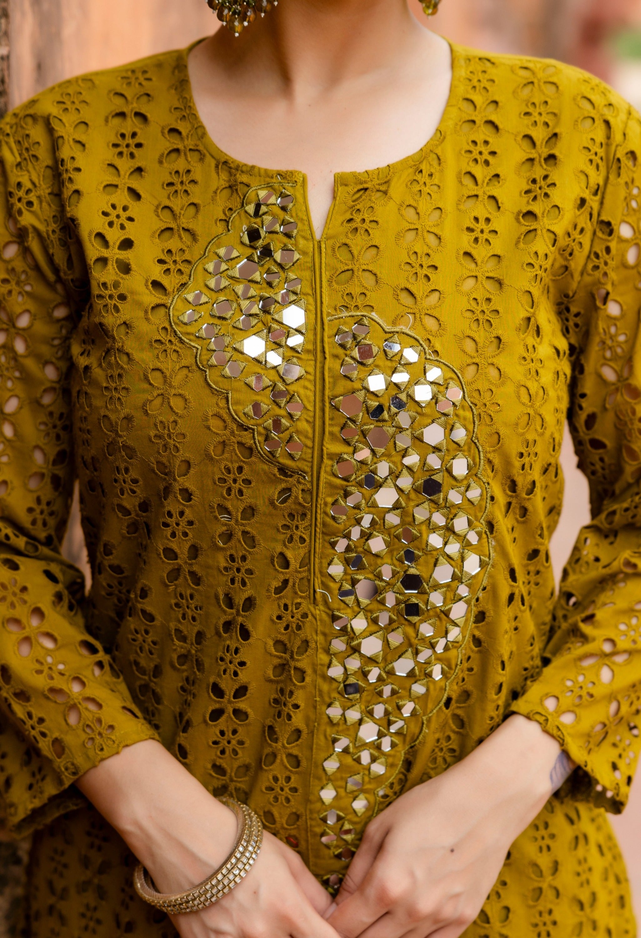 Green Cotton Schiffli Work A-Line Kurta Set With Real Mirror Work-Set of 2