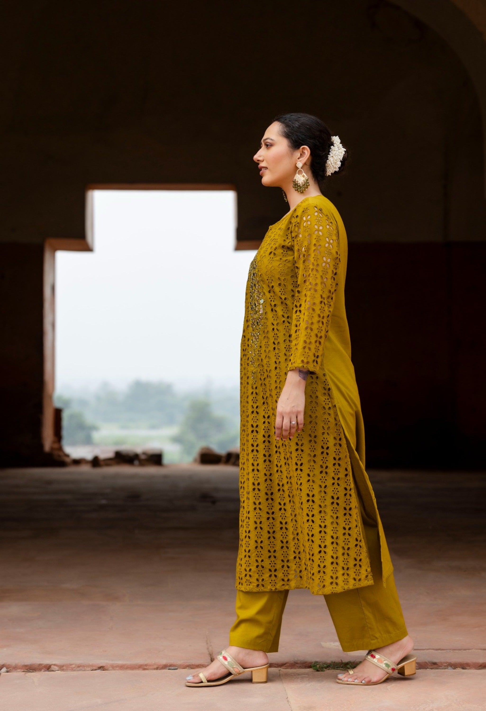 Green Cotton Schiffli Work A-Line Kurta Set With Real Mirror Work-Set of 2