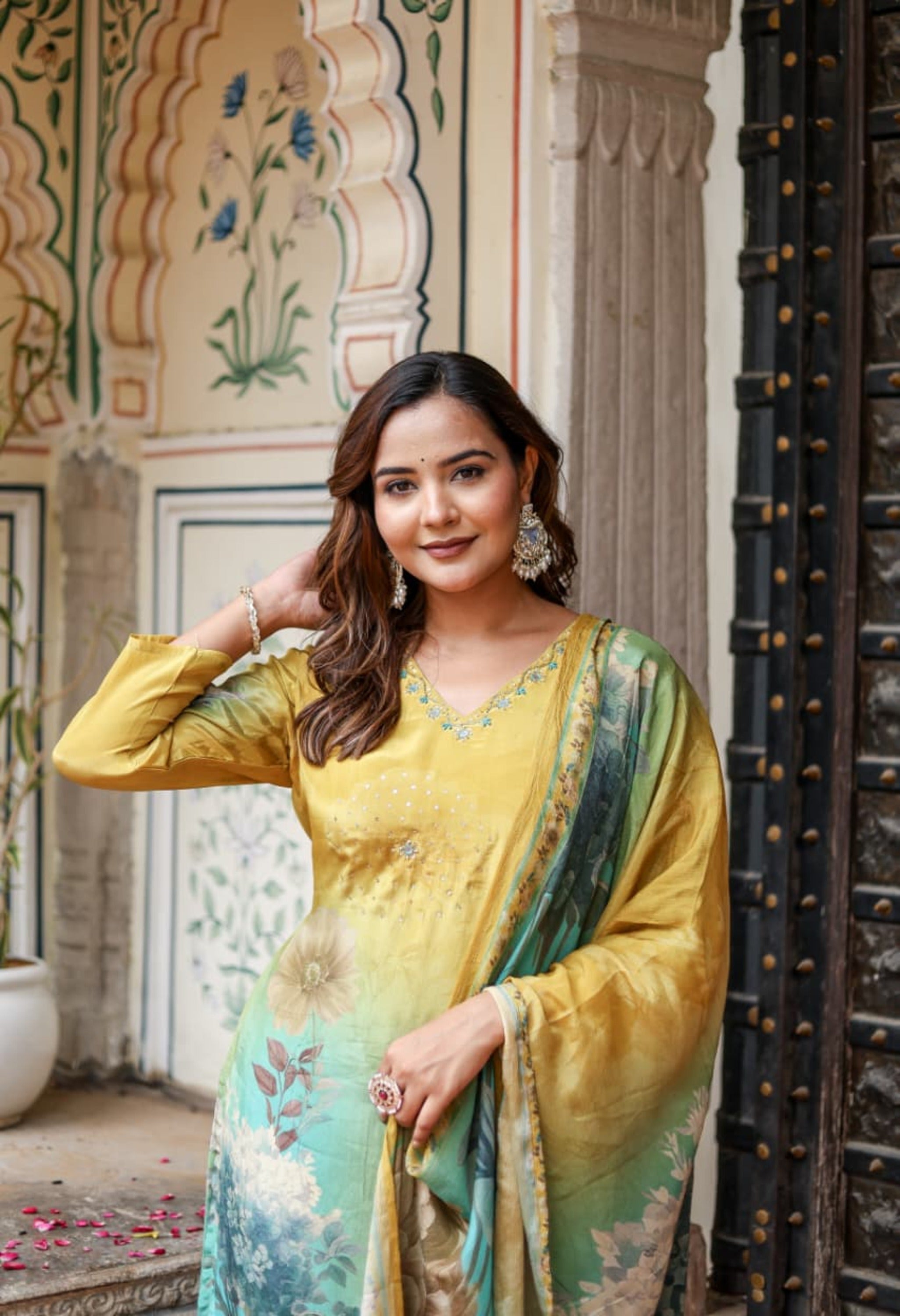 Mustard Yellow Crepe Digital Print Hand embroidered Suit - Set of 3